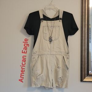 American Eagle Distressed White Acid Washed Shortall Overall Shorts. Sz: M